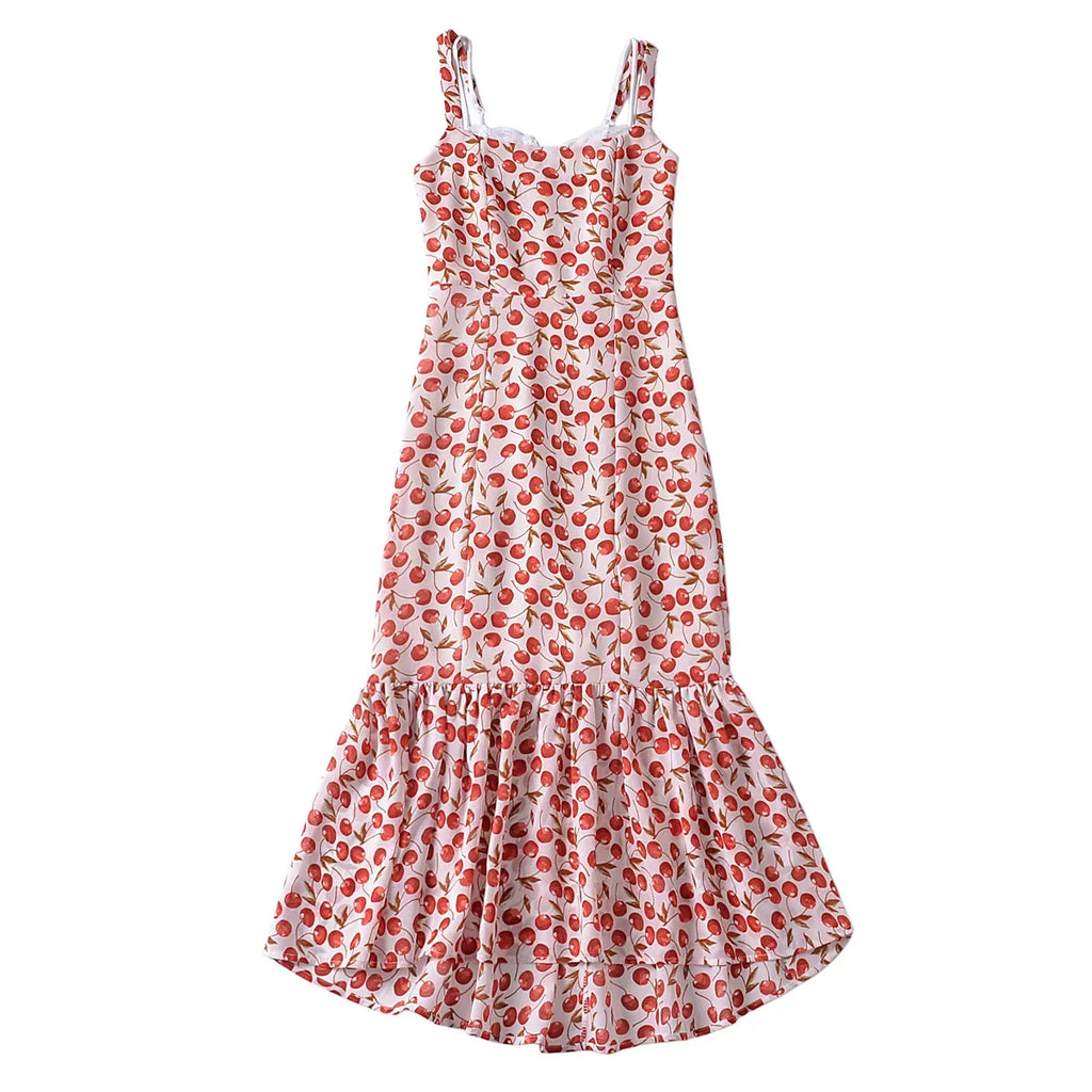 Cherry Print Ruffles Hem Trumpet Midi Dress