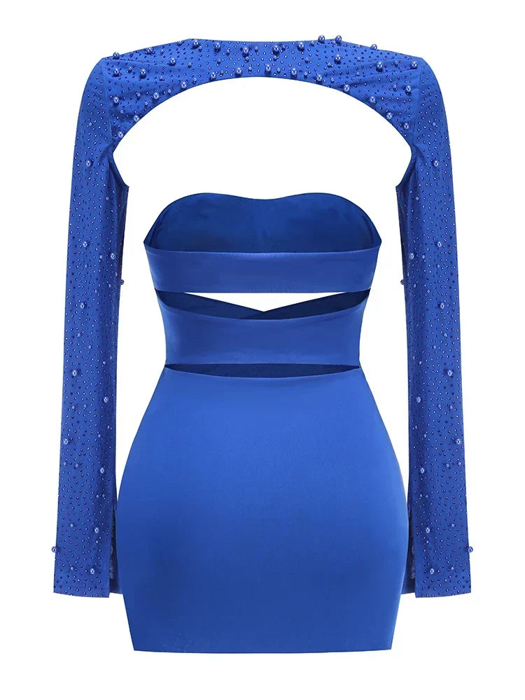 Hollow Out Diamonds Beaded Blue Dress