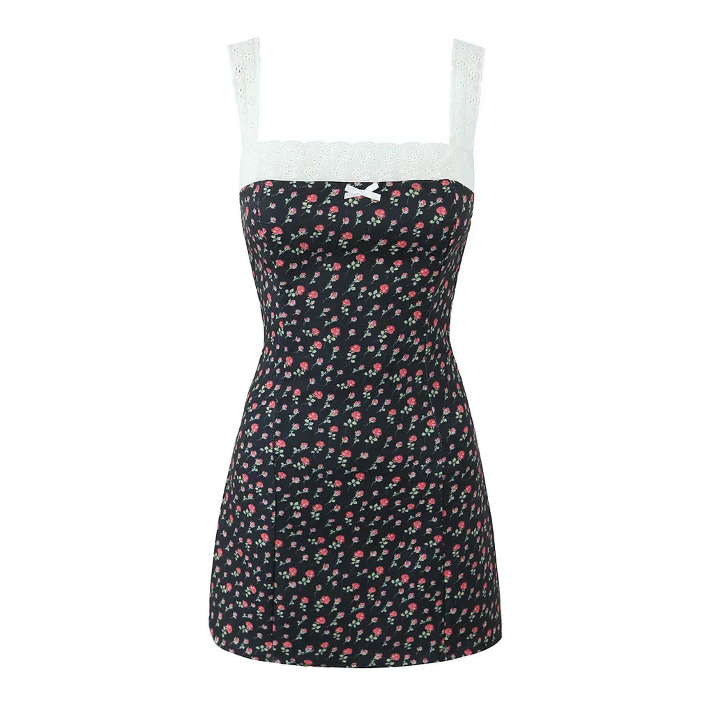 Flower Print Embroidery Lace Slash Collar Mini Dress
