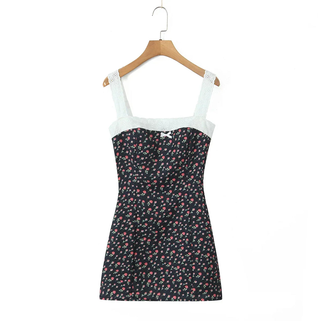 Flower Print Embroidery Lace Slash Collar Mini Dress