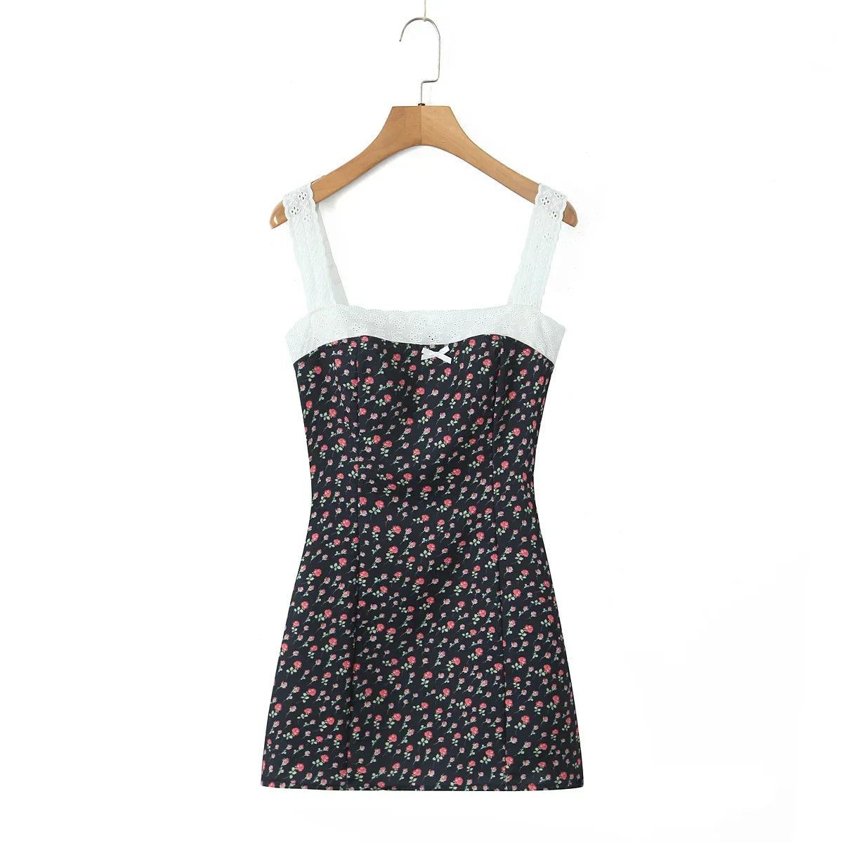 Flower Print Embroidery Lace Slash Collar Mini Dress