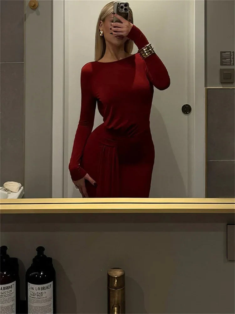 Red Lace-Up Pleated Long Sleeve Maxi Dress