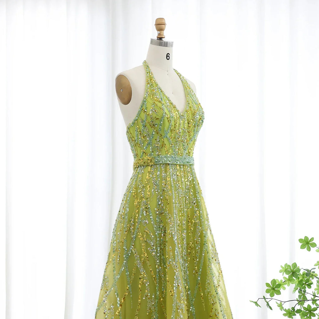 Beaded Halter A-Line Tulle Evening Dresses