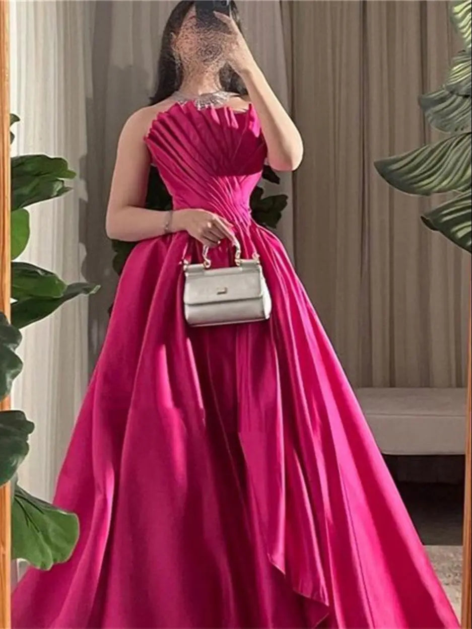 Rose Pink Silk Strapless A-line Sleeveless Prom Dress