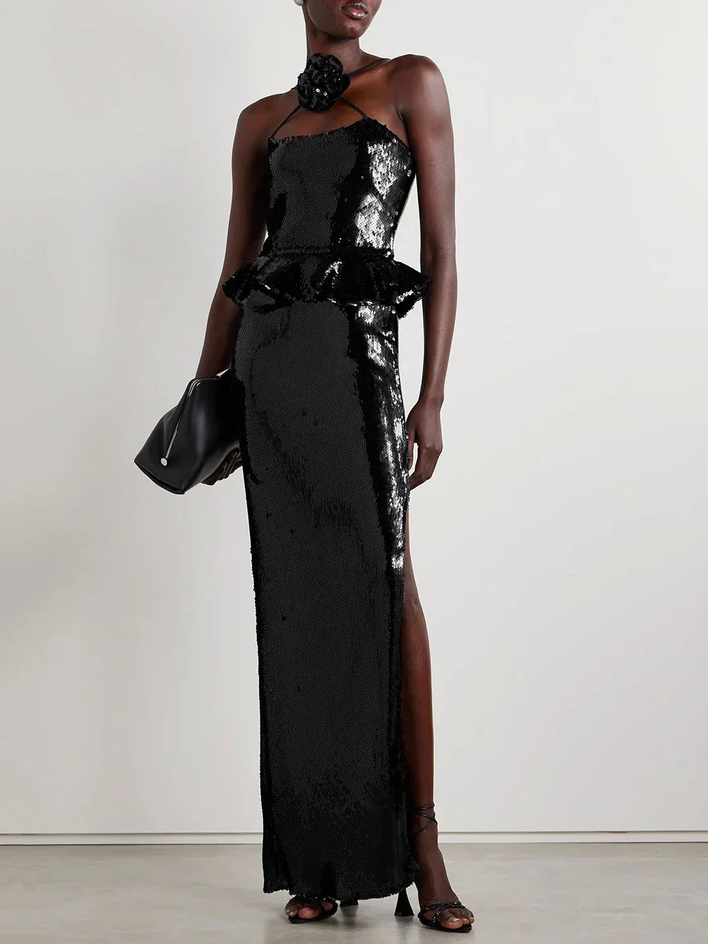 Backless Halter Mesh Sequin Maxi Dress