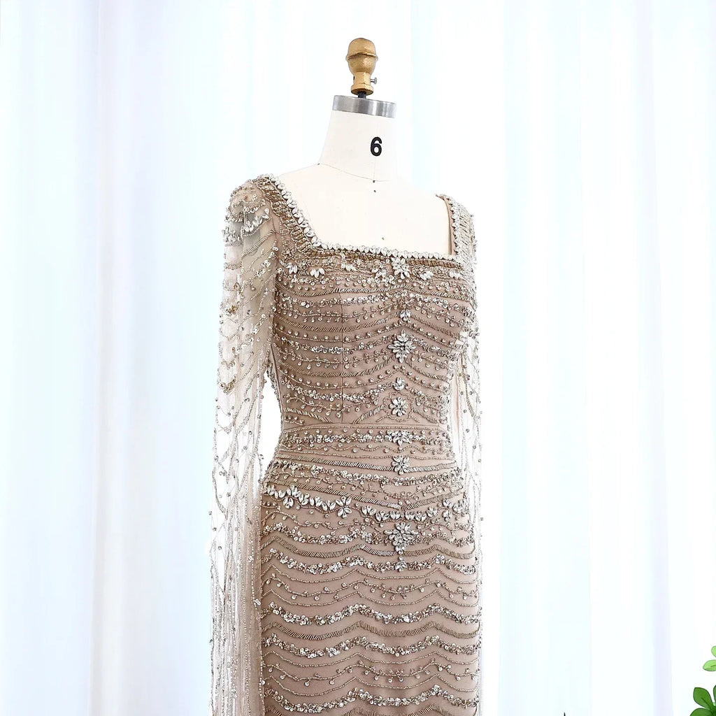 Caramel Square Neck Mermaid Evening Dress Cape Sleeves