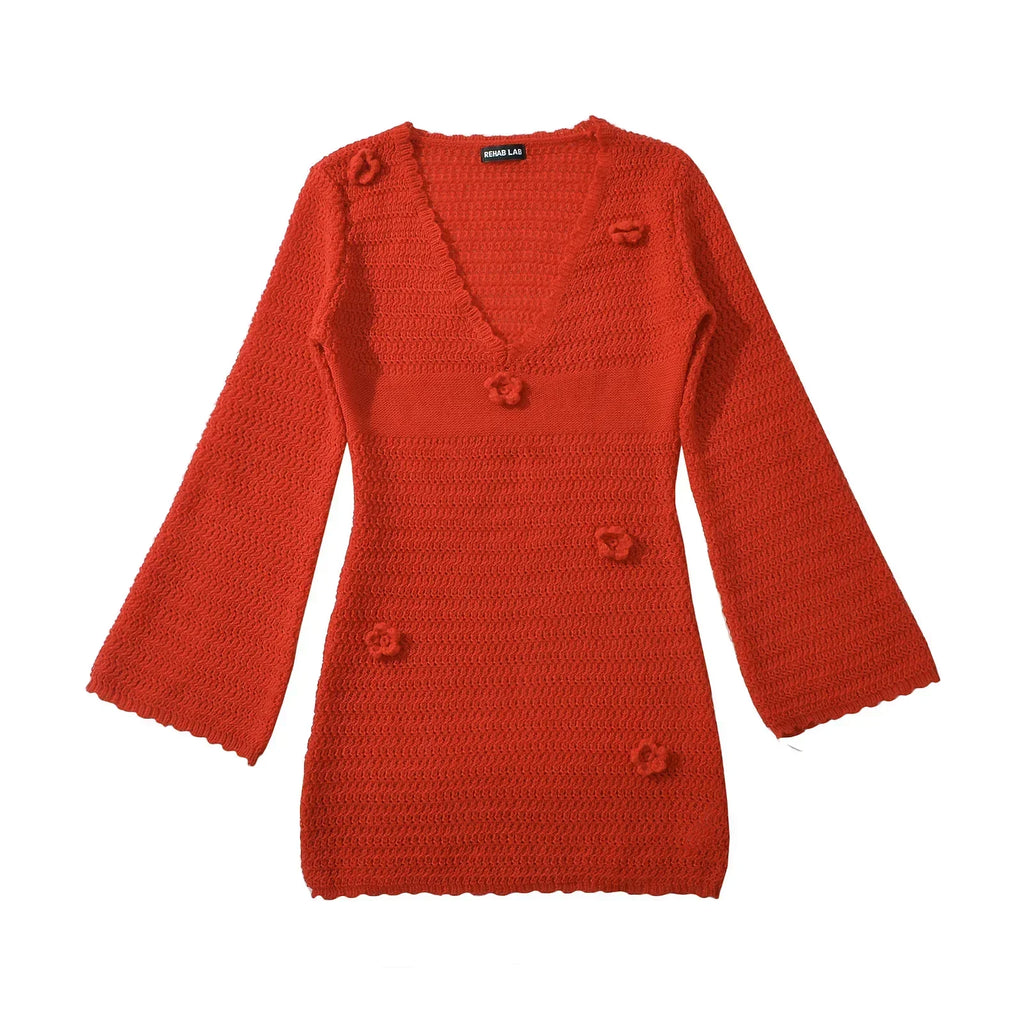 3D Flower Hand Crotch Full Flare Sleeve Sweater Dress