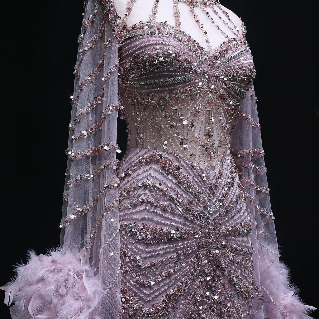 Beaded Mermaid Evening Dress with Feather Cape Sleeves