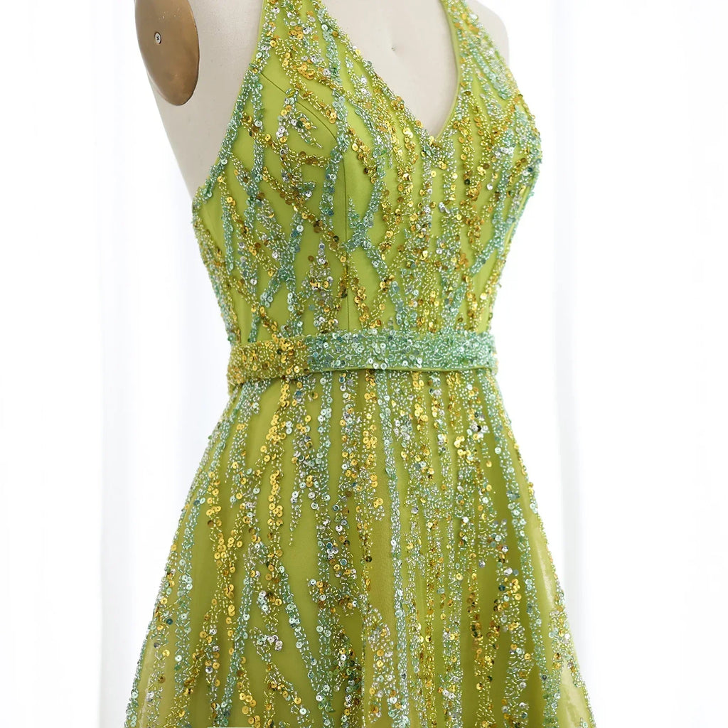 Beaded Halter A-Line Tulle Evening Dresses