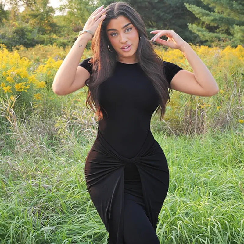 Solid Short Sleeve Ruched Maxi Dress