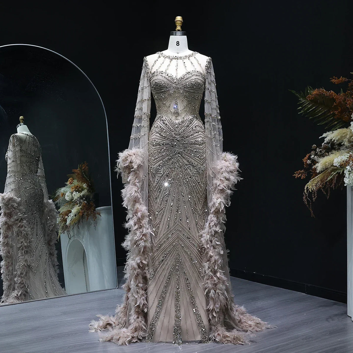 Beaded Mermaid Evening Dress with Feather Cape Sleeves