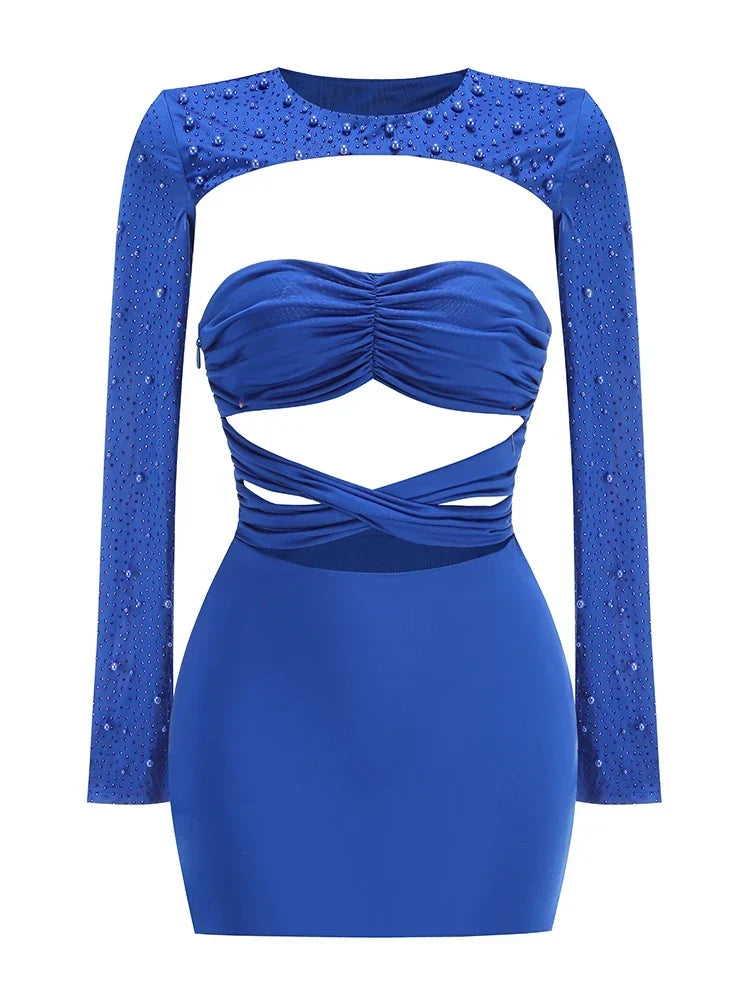 Hollow Out Diamonds Beaded Blue Dress
