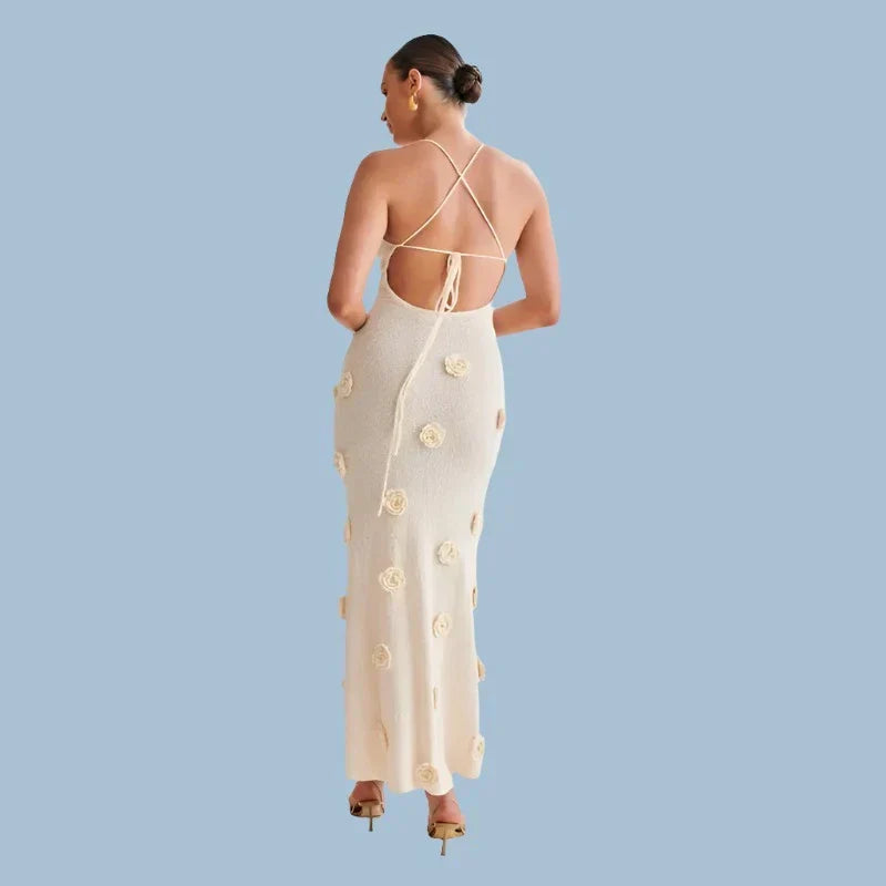 Halter Neck Flower Patchwork Lace-up Maxi Dress