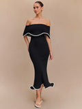 Strapless Ruffles Black Midi Dress