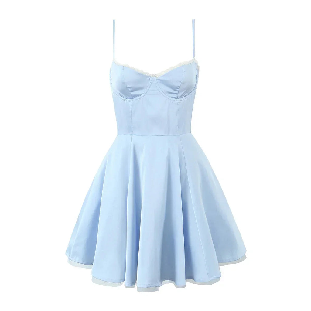 Satin Corset Style Lace 2 layers Lining Hem Mini Dress