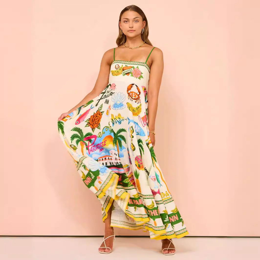 Sling Graffiti Printing Sleeveless Swing Cotton Linen Dress Amplified craft