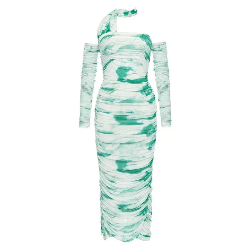 Halter Open Shoulder Printed Lace Fold Midi Dress