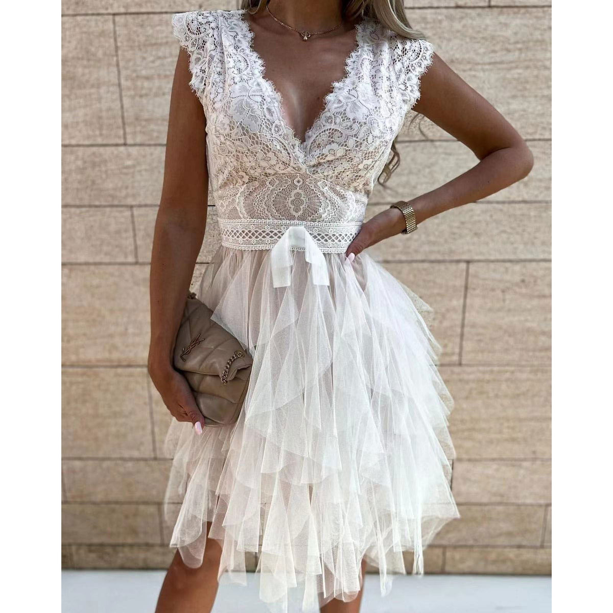 V neck Lace Stitching Dress Casual Short Sleeve Dress