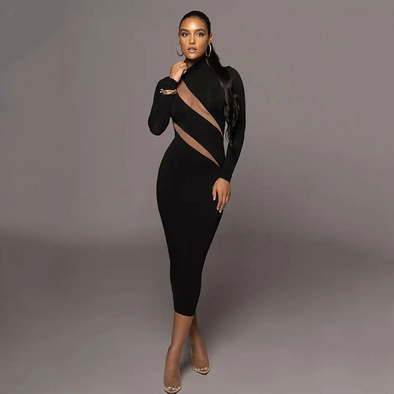 round Neck Long Sleeve Stitching Dress