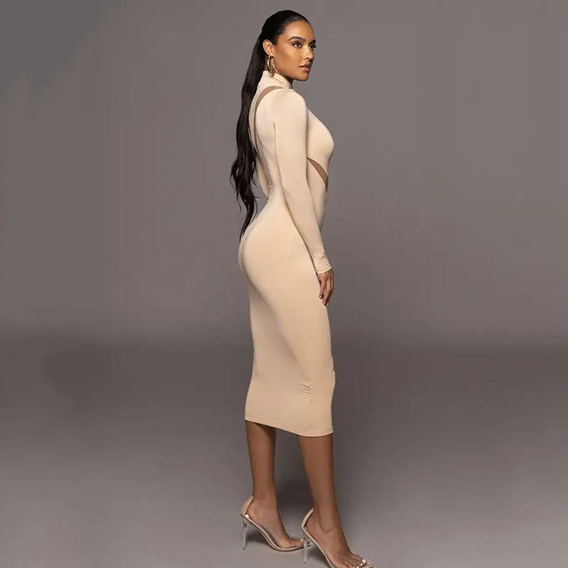 round Neck Long Sleeve Stitching Dress