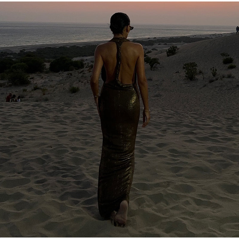 Halter Deep V Neck Sleeveless Fishtail Dress