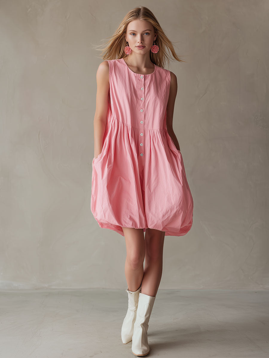 Stylish And Casual Pink Button Cotton Mini Dress