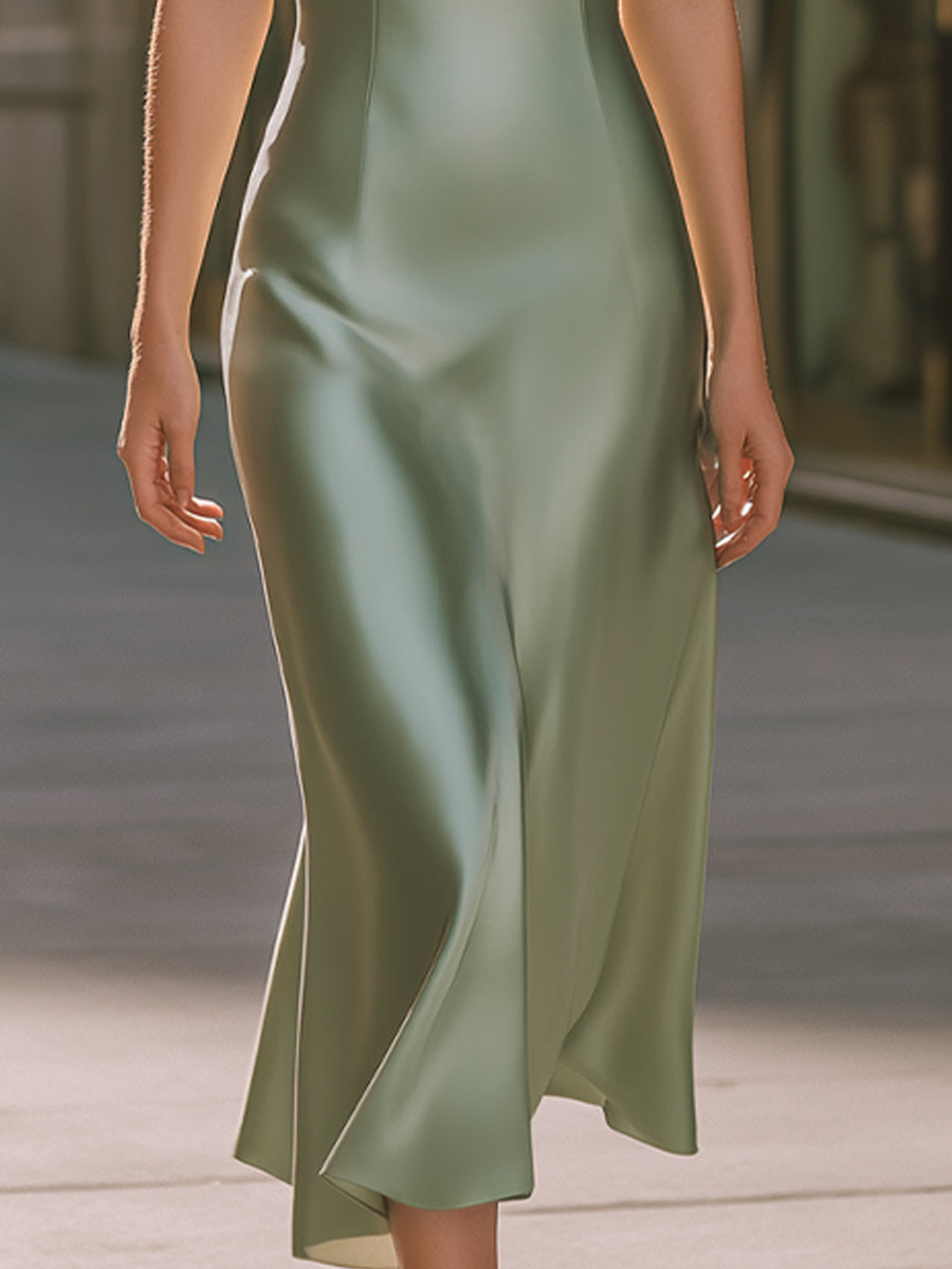 Elegant Satin Slip Midi Dress With Soft Cowl Neckline
