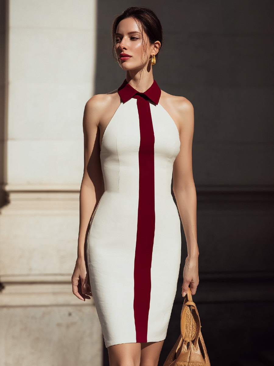 Contrast Column Dress With Sculpted Collar
