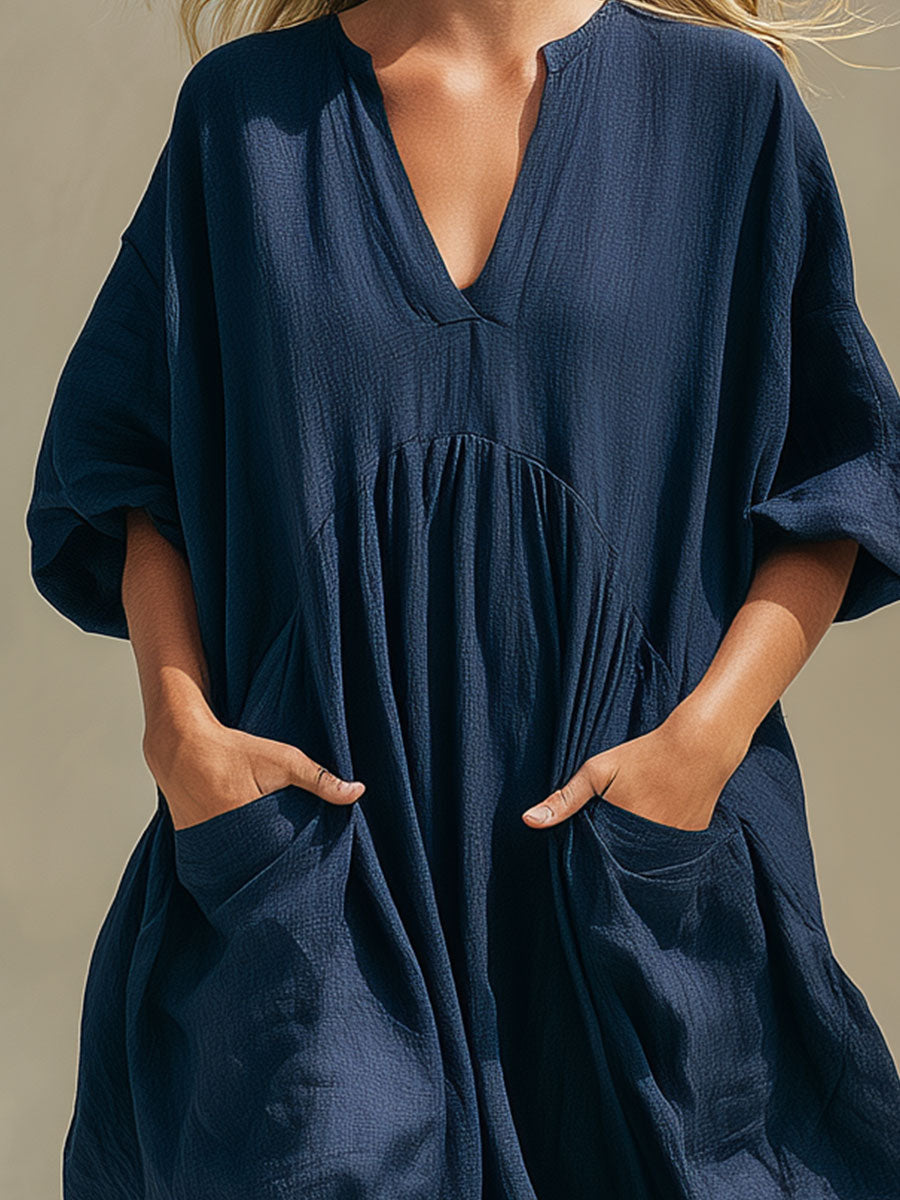 Casual Loose-fitting Blue Short-sleeved Tencel Denim Midi Dress