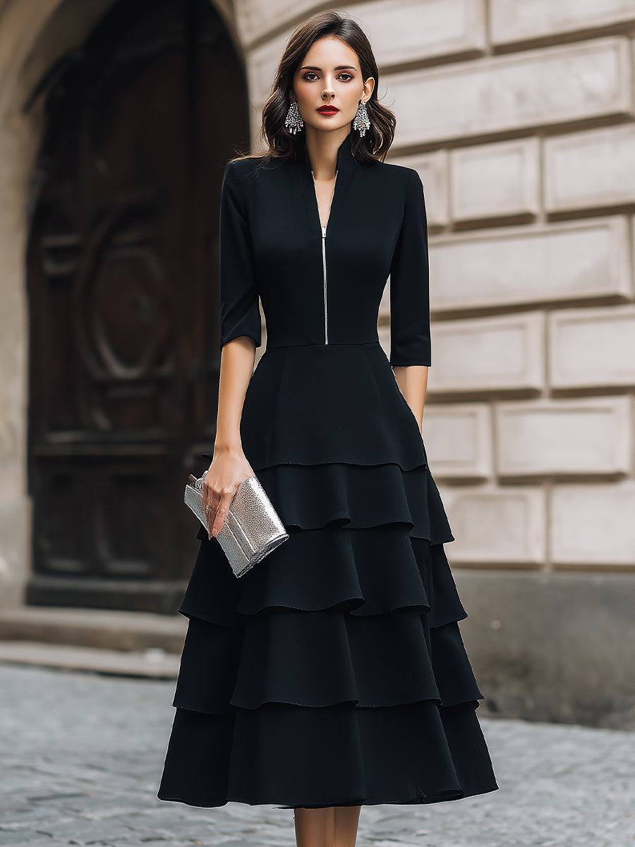 Zip-Front Tiered Midi Dress With Structured Waist
