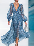 ¡¾24-hour shipping out¡¿Elegant And Fashionable Chiffon Blue Leopard Print Long Sleeve V-neck Flowing Maxi Dress