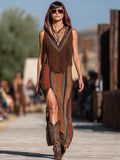 ¡¾24-hour shipping out¡¿Western Retro Colorful Striped Knitted Tassel Hooded Slit Maxi Dress