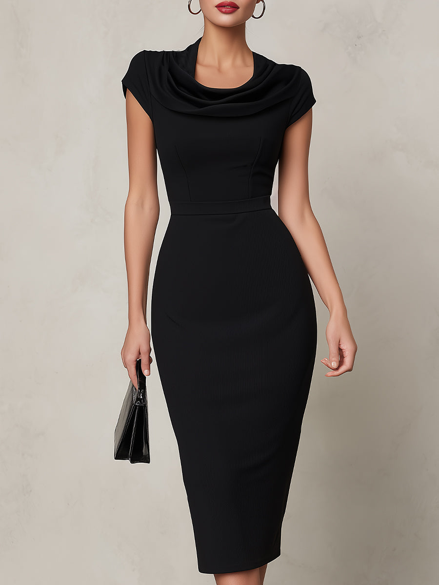 Timeless Black Cowl Neck Midi Sheath Dress