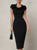 Timeless Black Cowl Neck Midi Sheath Dress