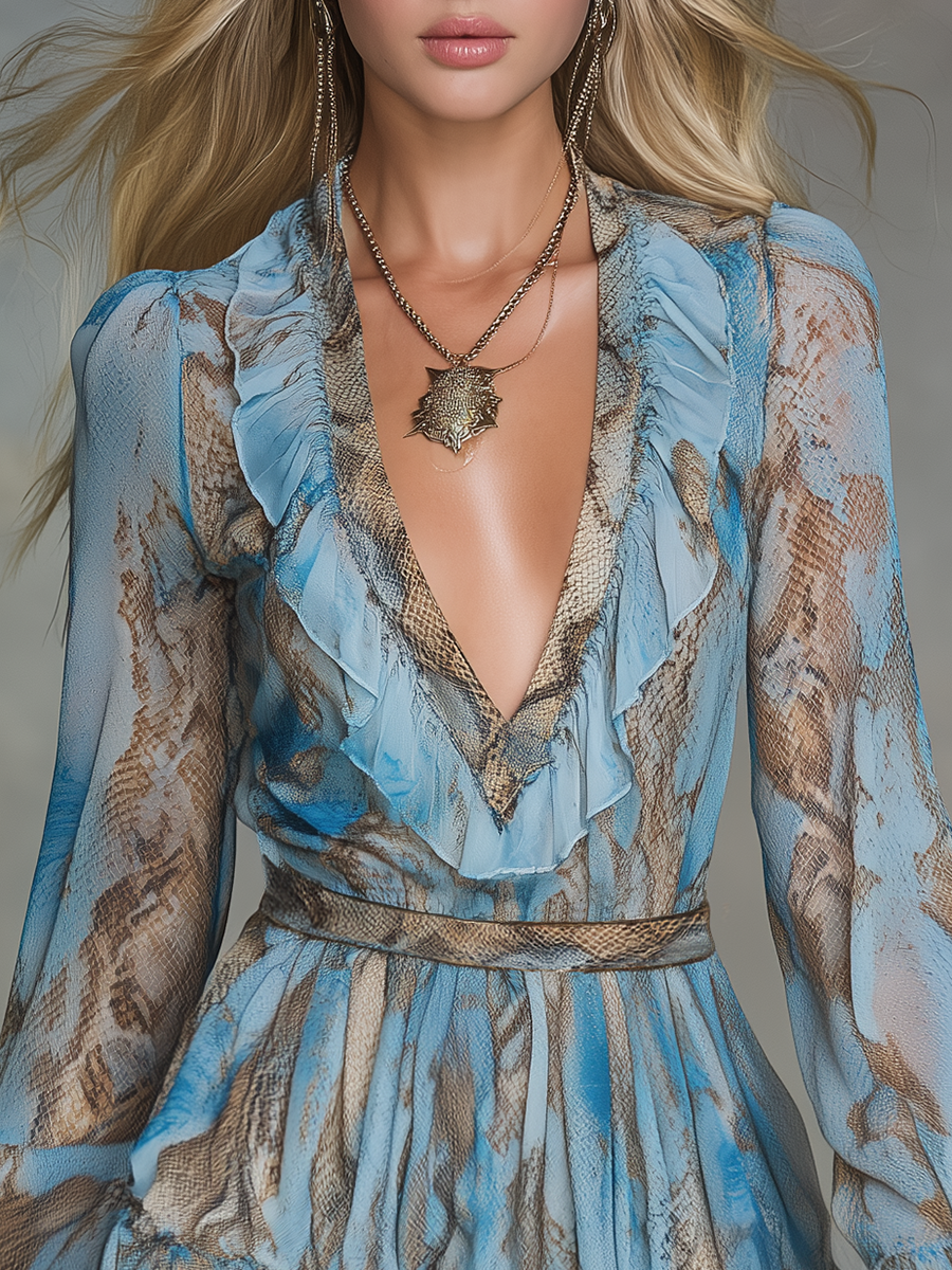 Stylish Retro Snake Print V-neck Ruffled Chiffon Mini Dress
