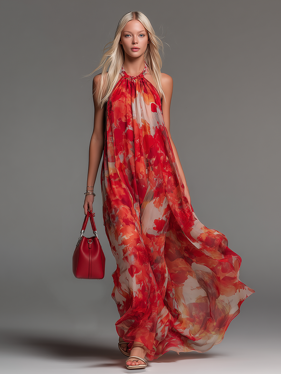 Stylish And Comfortable Halter Neck Sleeveless Printed Chiffon Maxi Dress