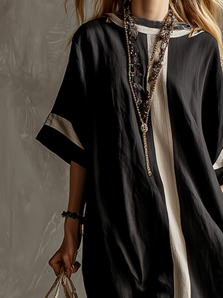 Stylish Urban Patchwork Black Cotton And Linen Short-sleeved Maxi Dress