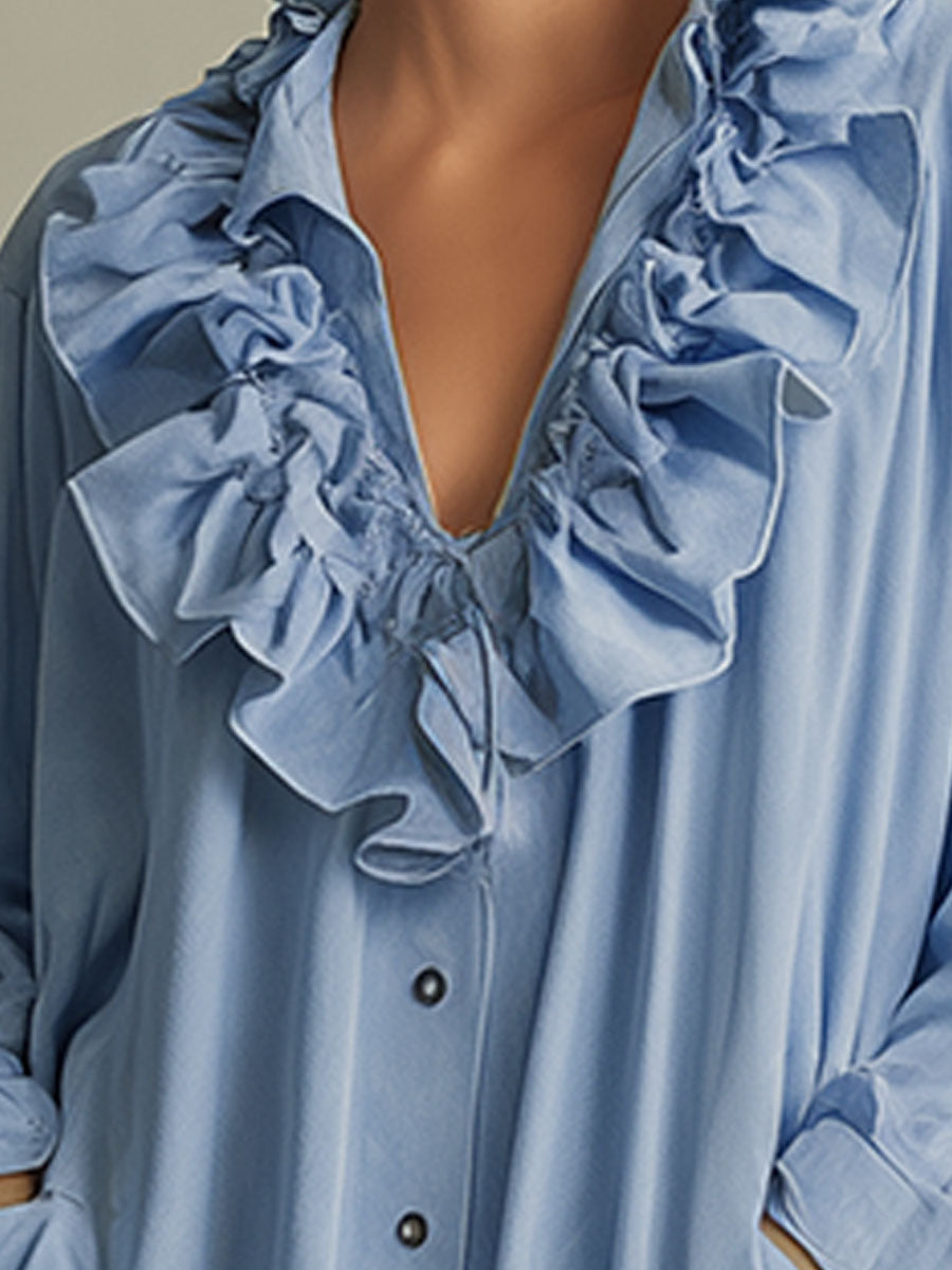 Casual Retro Ruffled Blue Shirt-style Faux Suede Mini Dress