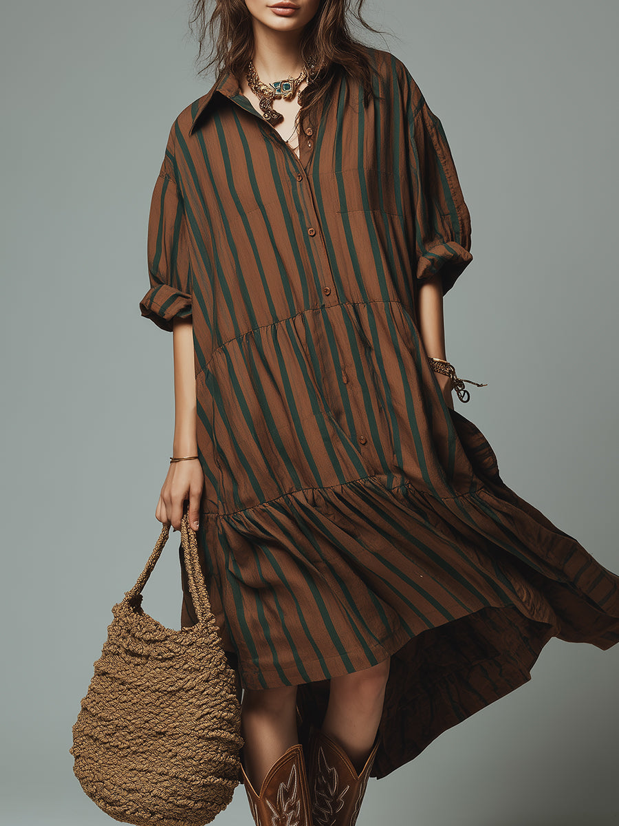 Bohemian Striped Loose-fitting Midi Dress With A High-low Hem