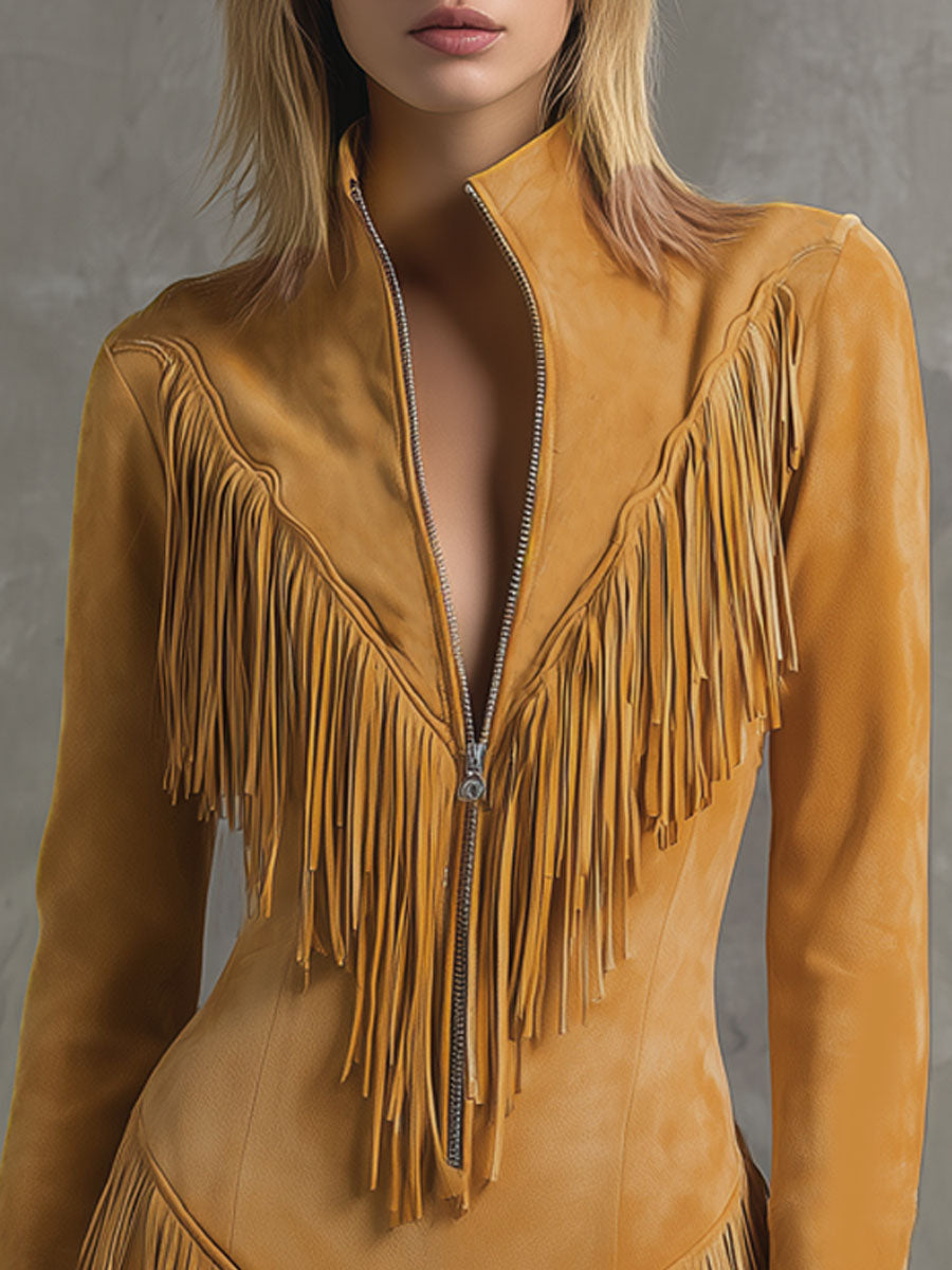 Stand-collar Zippered Fringed Faux Suede Long-sleeved Mini Dress