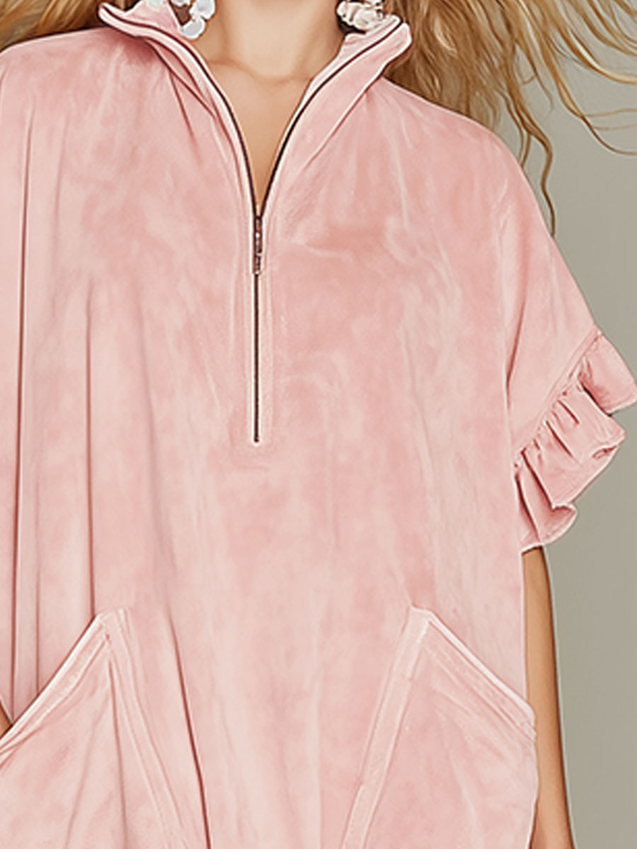 Retro Pink Stand-up Collar Ruffled Short-sleeved Faux Suede Mini Dress