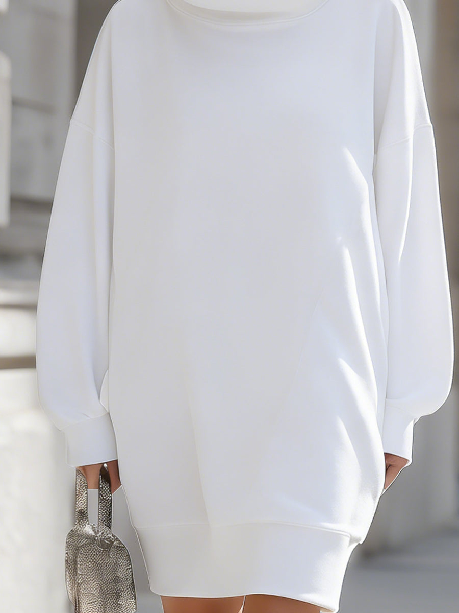 Minimalist White Oversized Turtleneck Sweatshirt Dress