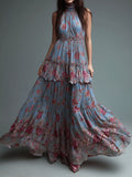 Boho Romantic High Neck Floral Tiered Maxi Dress Gown