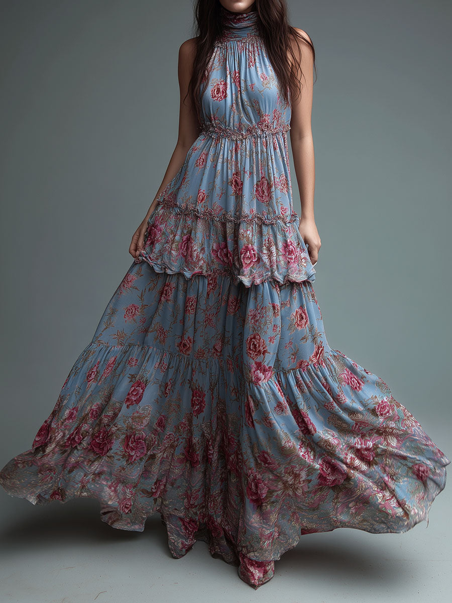 Boho Romantic High Neck Floral Tiered Maxi Dress Gown