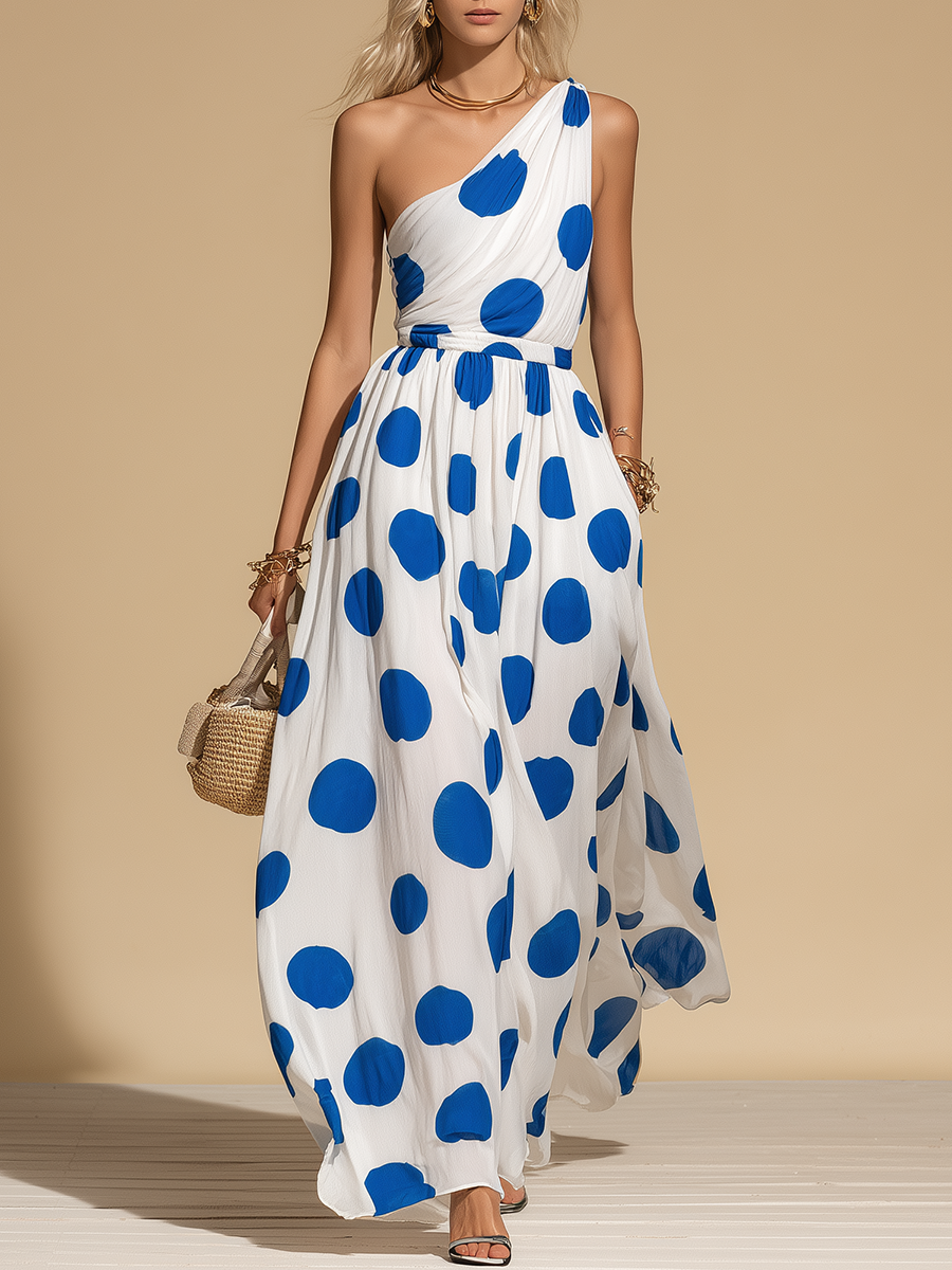 Elegant Vintage Polka Dot Print One-shoulder Sleeveless Chiffon Dress