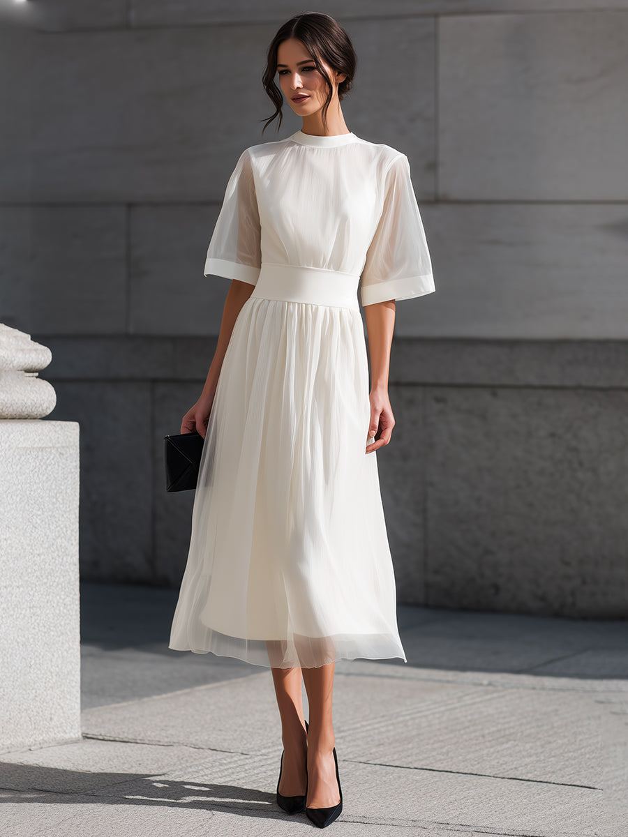 Sheer Sleeve Waist-Defined Midi Dress