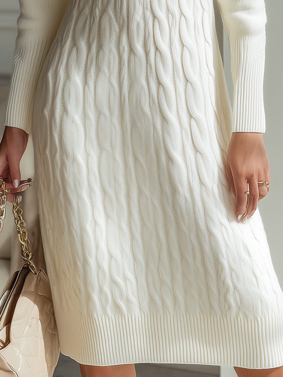 Elegant Zip-Front Knitted Sweater Dress In Ivory