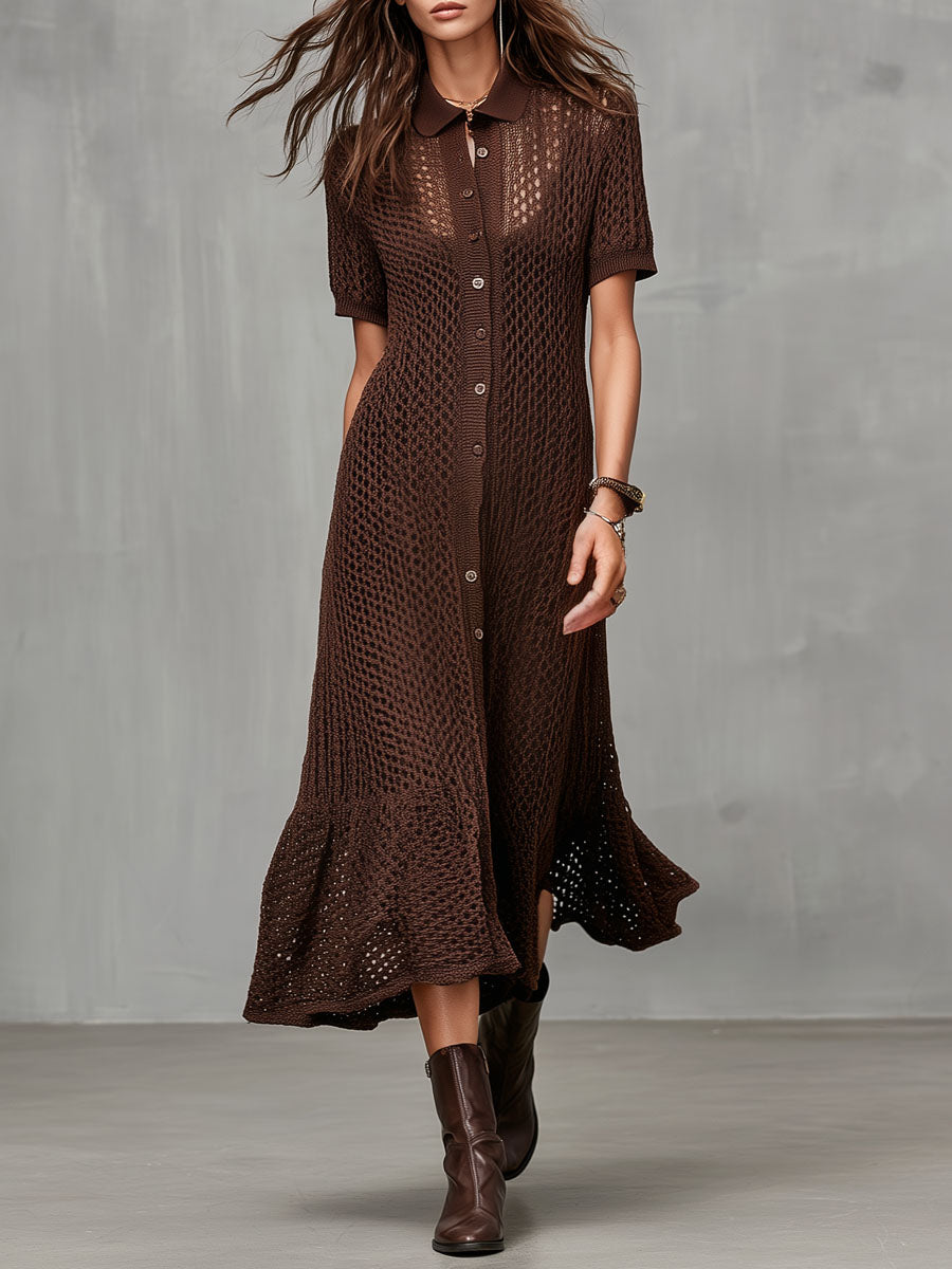 Quiet Luxury Chocolate Brown Crochet Knit Shirt Dress