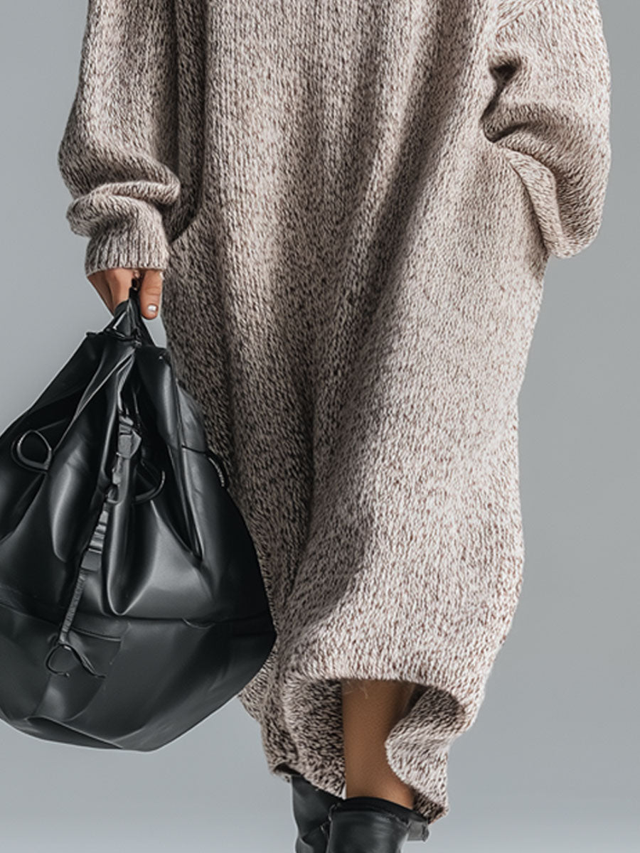 Fashion Loose Retro Trimmed Floral Gray Hooded Knitted Midi Dress