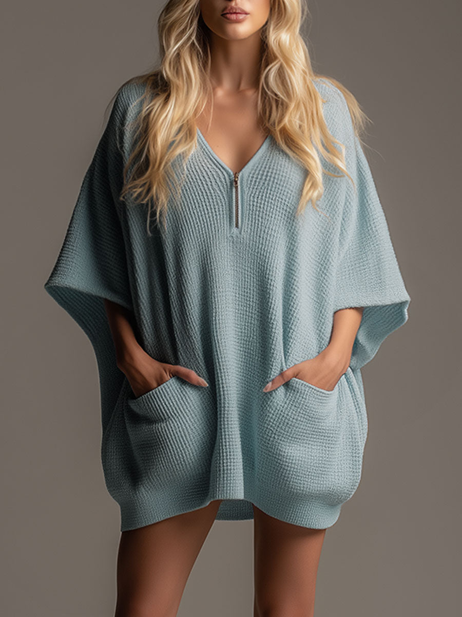 Elegant And Loose-fitting Blue Batwing Sleeve V-neck Waffle Mini Dress